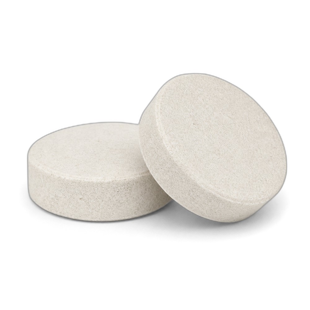 Two off-white round rapid-dissolve tablets