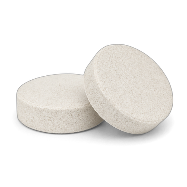Two off-white round rapid-dissolve tablets