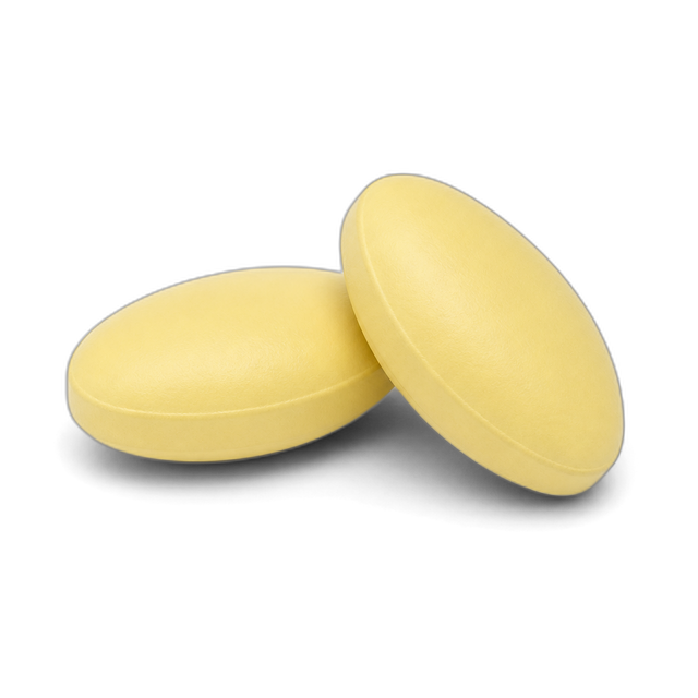 Two pale yellow oval tadalafil 5 mg tablets