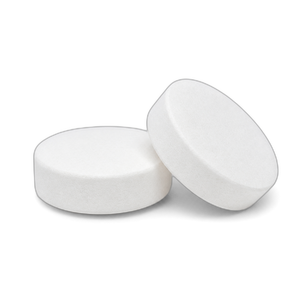 Two white round rapid-dissolve tablets