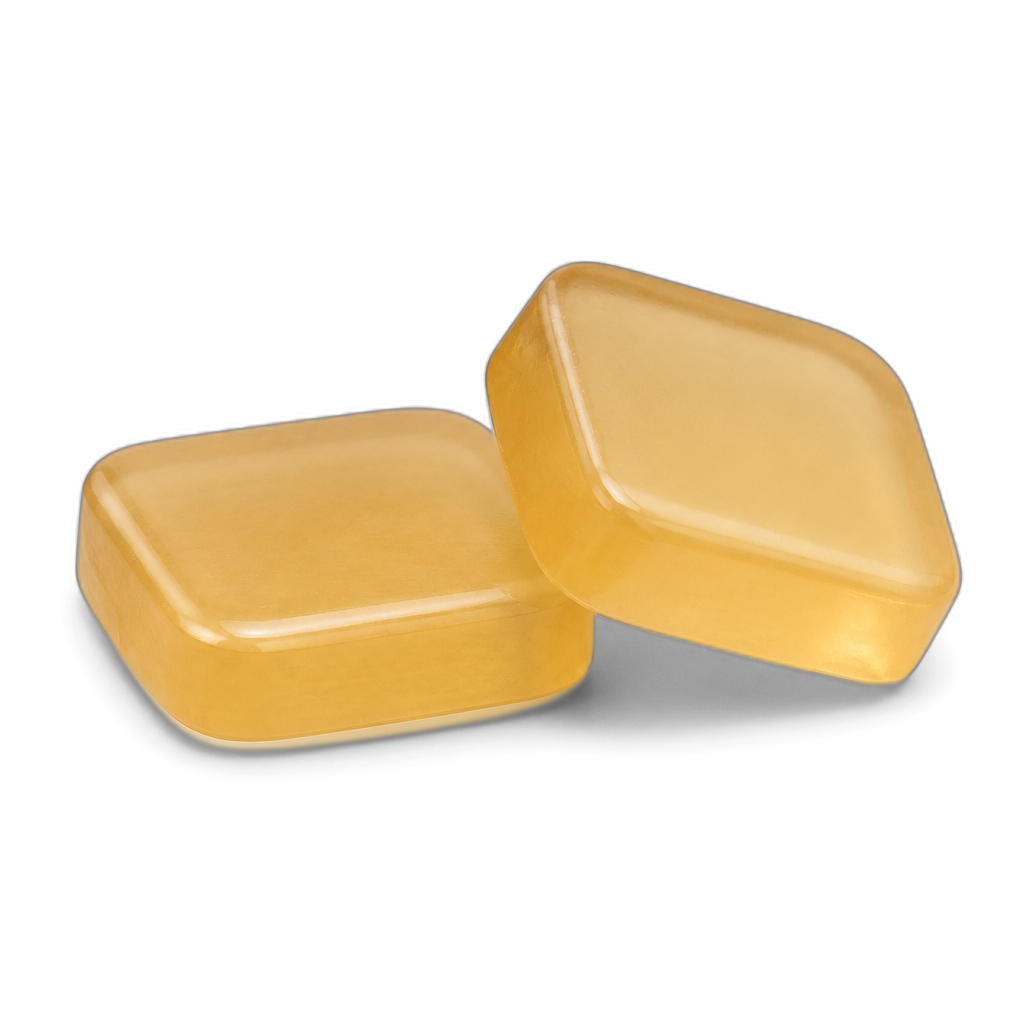 Two translucent amber gel troches